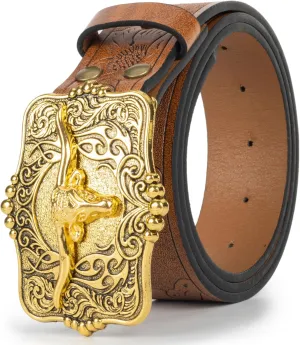 Western Cowboy PU Leather Belt - Men Waist Strap Bull Decoration Floral Engraved for Jeans 25" to 38" Waist