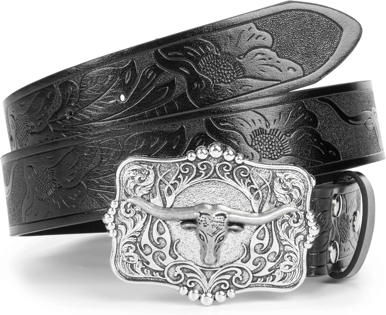 Western Cowboy PU Leather Belt - Men Waist Strap Bull Decoration Floral Engraved for Jeans 25" to 38" Waist