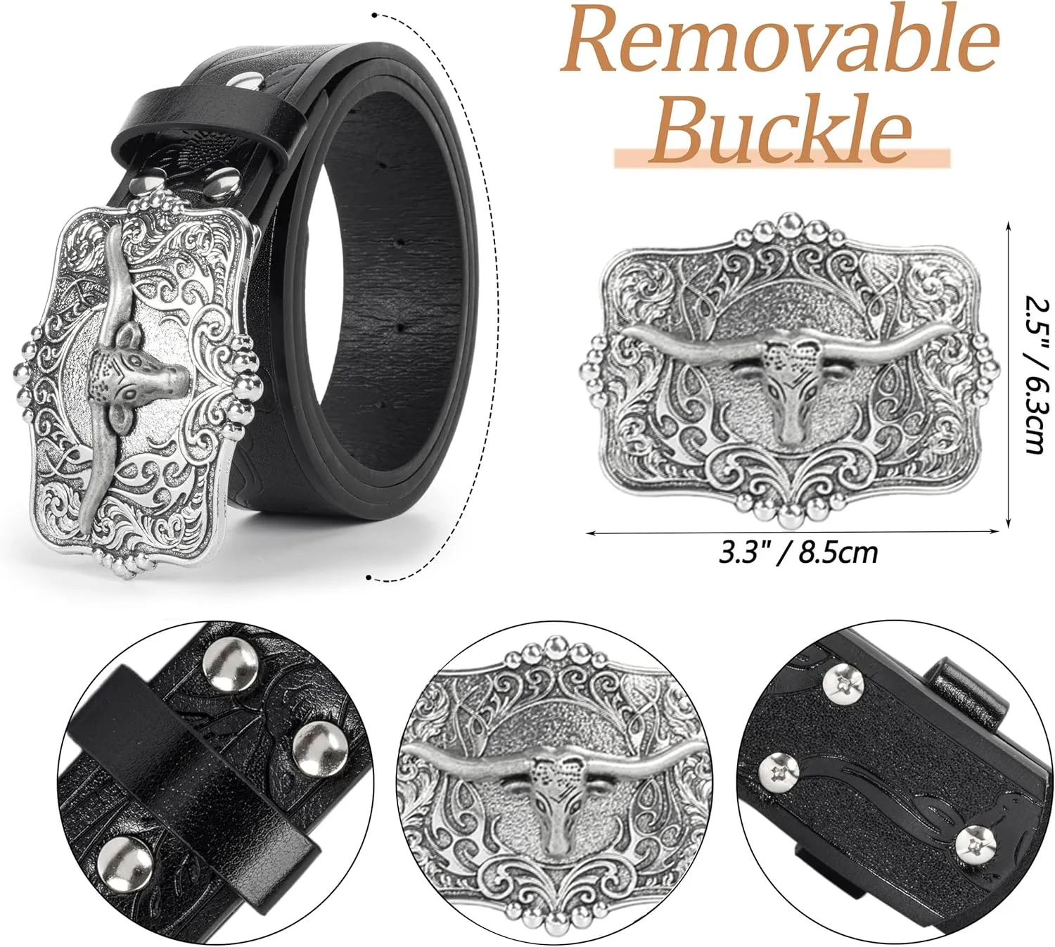 Western Cowboy PU Leather Belt - Men Waist Strap Bull Decoration Floral Engraved for Jeans 25" to 38" Waist