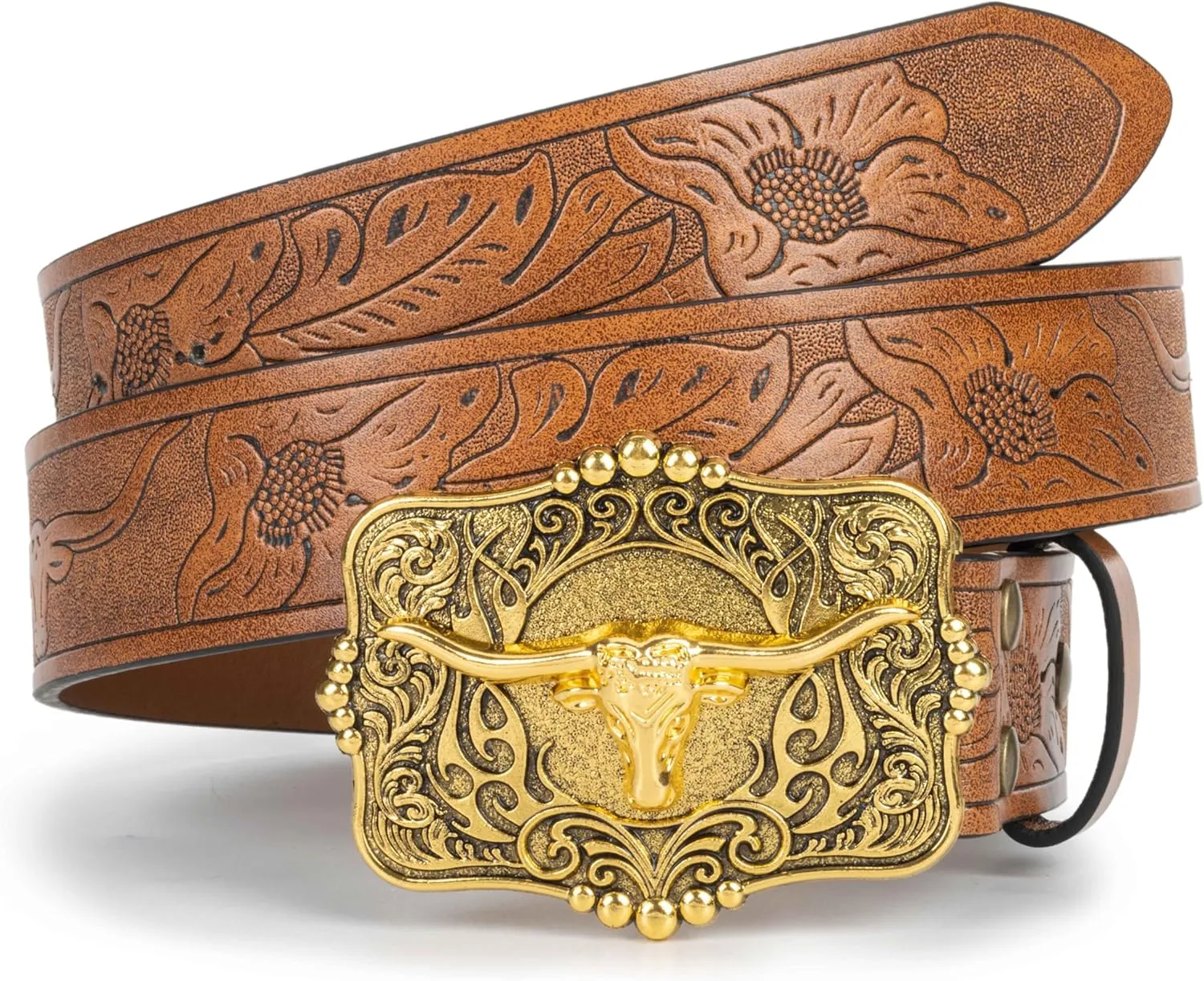 Western Cowboy PU Leather Belt - Men Waist Strap Bull Decoration Floral Engraved for Jeans 25" to 38" Waist