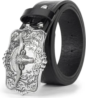 Western Cowboy PU Leather Belt - Men Waist Strap Bull Decoration Floral Engraved for Jeans 25" to 38" Waist