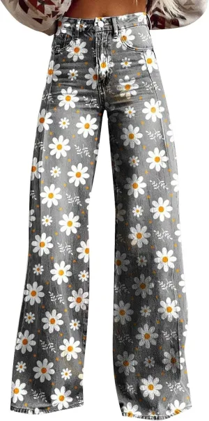 Wide Leg Flare Jeans for Women with Pockets Baggy Pants Vintage Floral Print High Waisted Loose Pant,Printed Jeans for Women