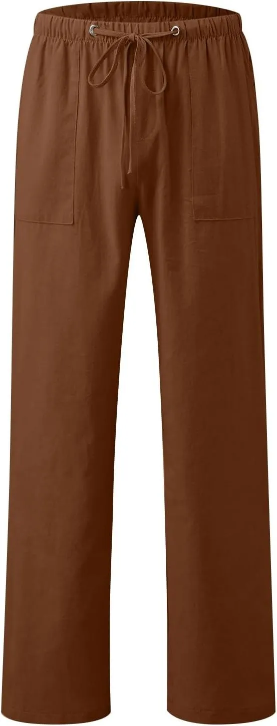 Wide Leg Pants for Women Plus Size Baggy Drawstring Long Cotton Linen Pants Summer Lounge Trousers with Pocket
