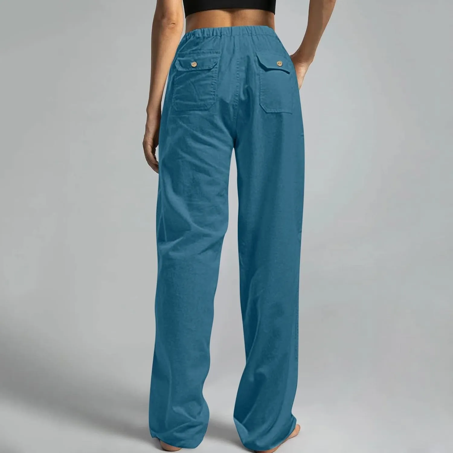 Wide Leg Pants for Women Plus Size Baggy Drawstring Long Cotton Linen Pants Summer Lounge Trousers with Pocket