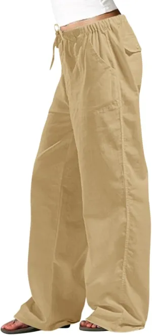 Wide Leg Pants for Women Plus Size Baggy Drawstring Long Cotton Linen Pants Summer Lounge Trousers with Pocket