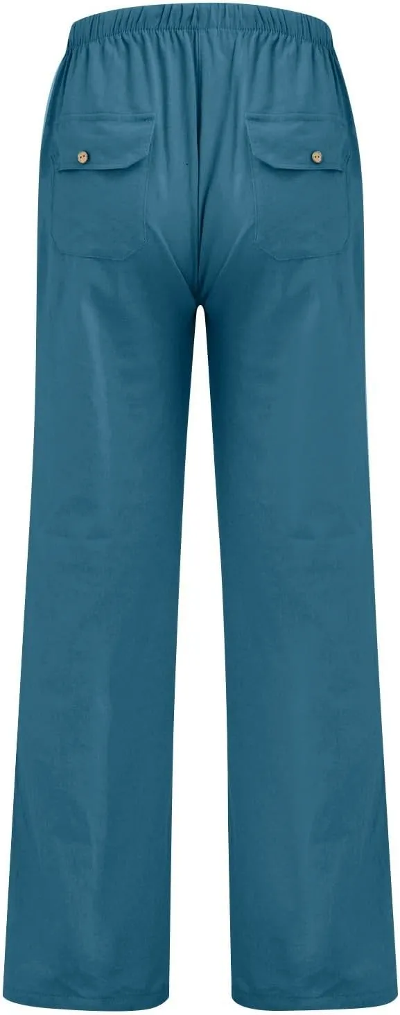 Wide Leg Pants for Women Plus Size Baggy Drawstring Long Cotton Linen Pants Summer Lounge Trousers with Pocket