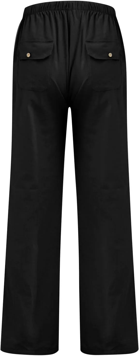 Wide Leg Pants for Women Plus Size Baggy Drawstring Long Cotton Linen Pants Summer Lounge Trousers with Pocket