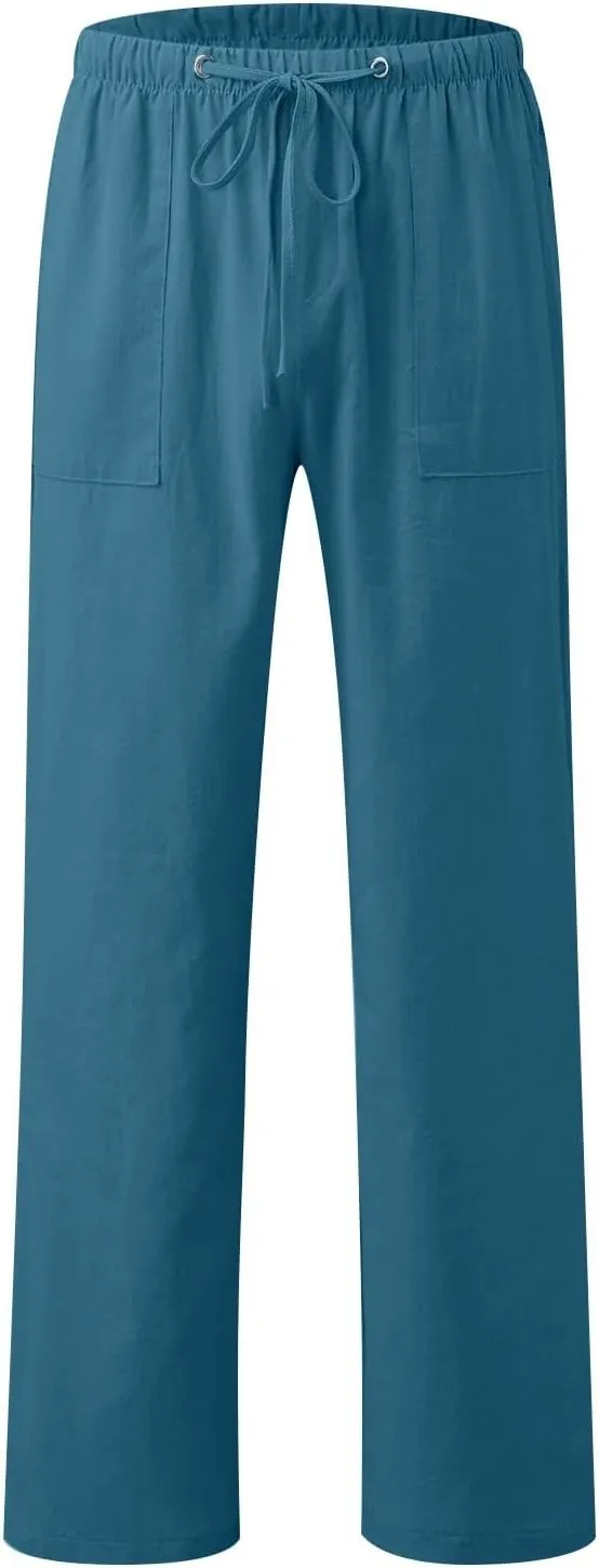 Wide Leg Pants for Women Plus Size Baggy Drawstring Long Cotton Linen Pants Summer Lounge Trousers with Pocket