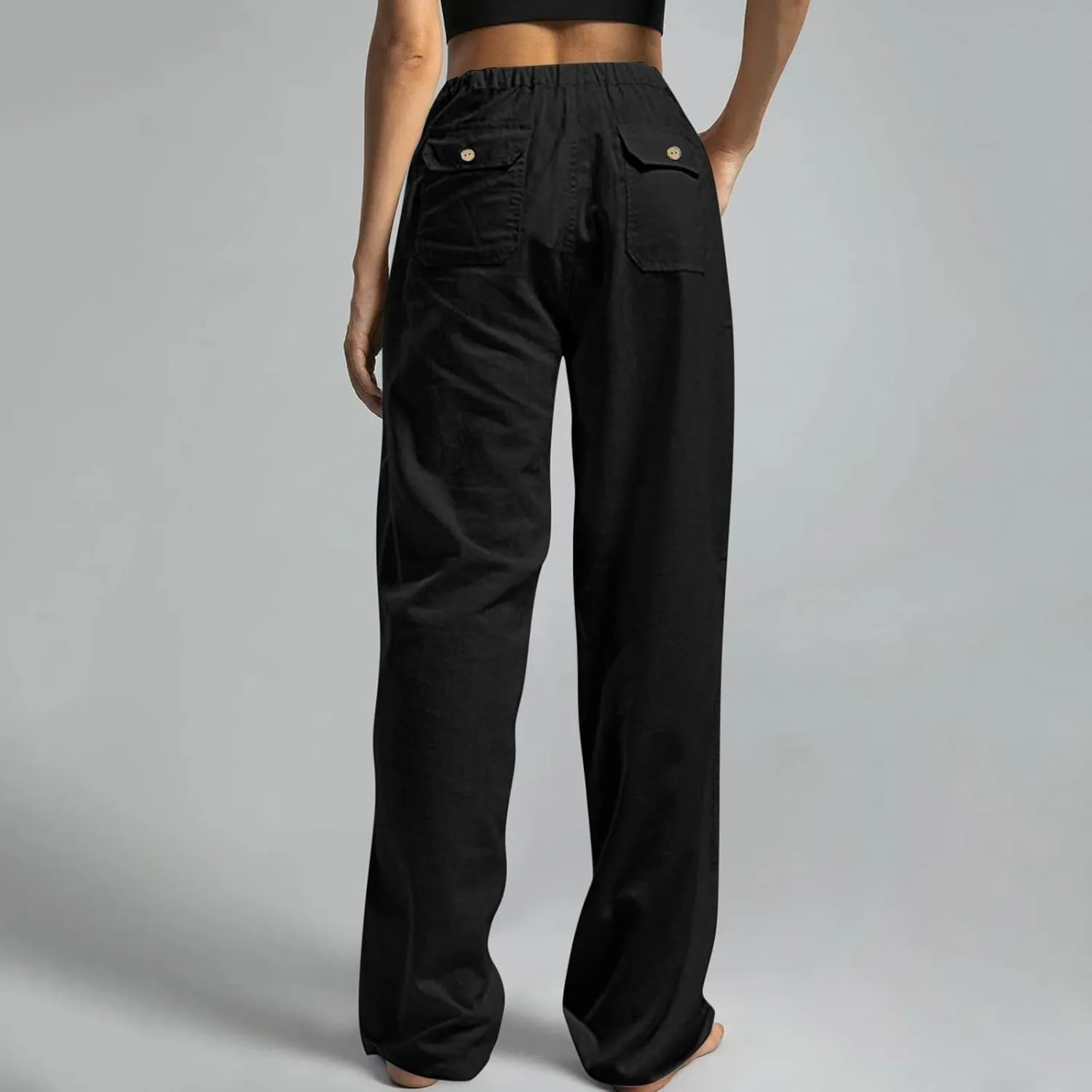 Wide Leg Pants for Women Plus Size Baggy Drawstring Long Cotton Linen Pants Summer Lounge Trousers with Pocket