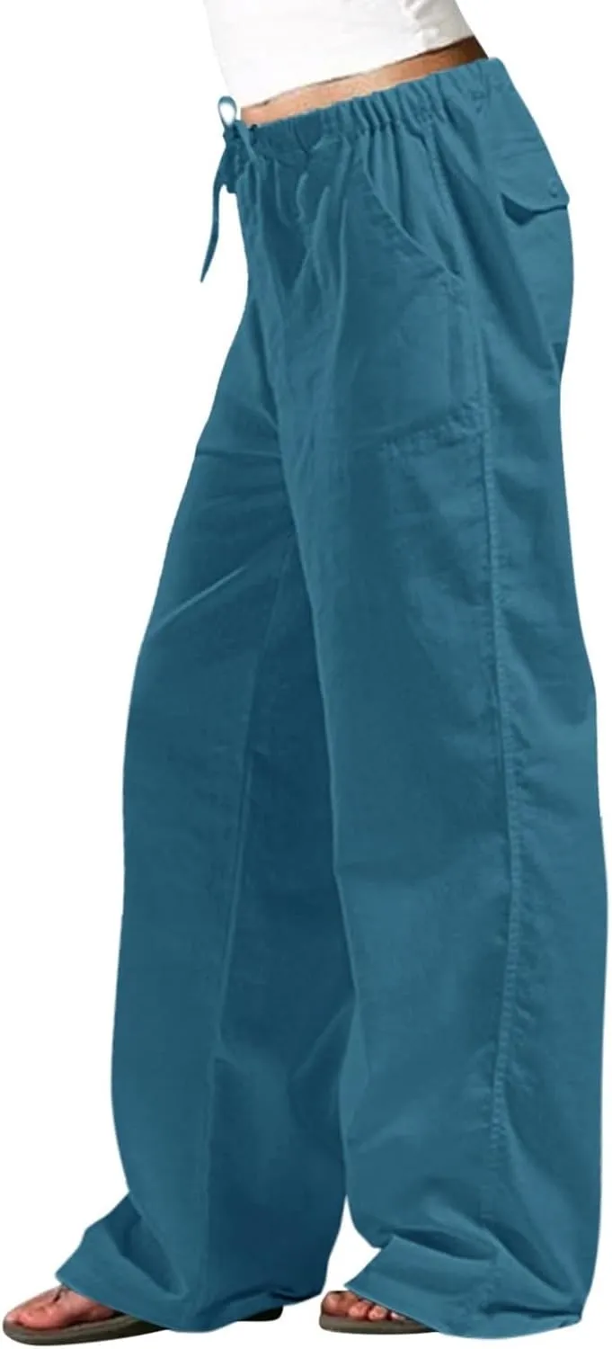 Wide Leg Pants for Women Plus Size Baggy Drawstring Long Cotton Linen Pants Summer Lounge Trousers with Pocket