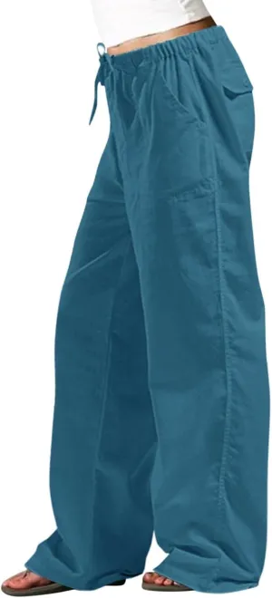 Wide Leg Pants for Women Plus Size Baggy Drawstring Long Cotton Linen Pants Summer Lounge Trousers with Pocket