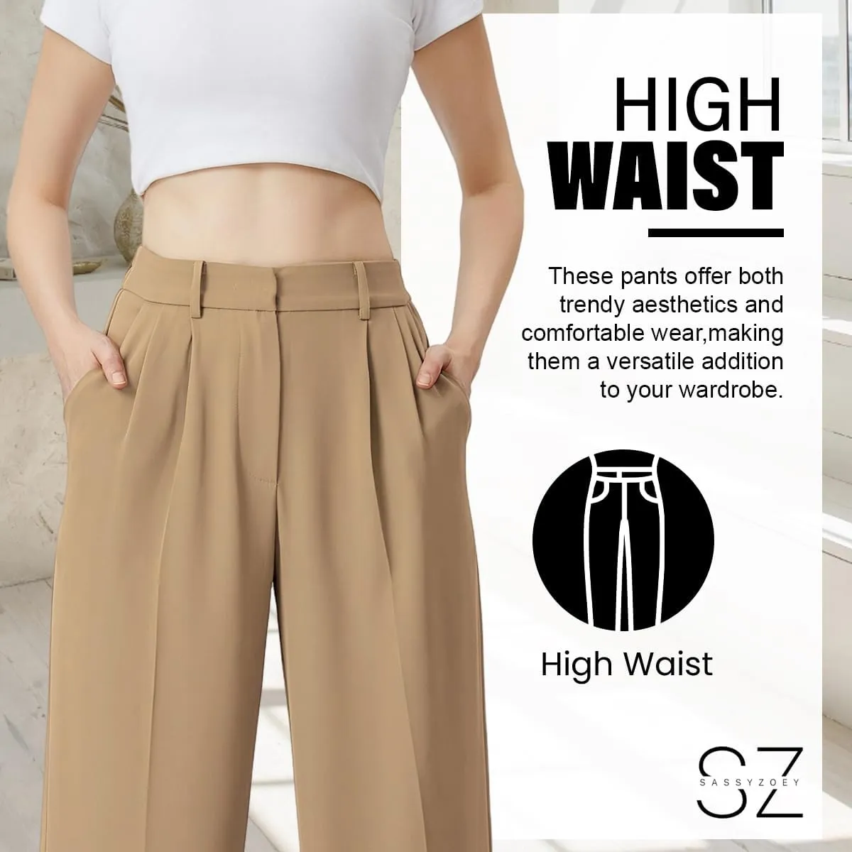 Wide Leg Pants | High Waisted Trousers with Pockets | Comfortable Work Pants | Business Casual Pants