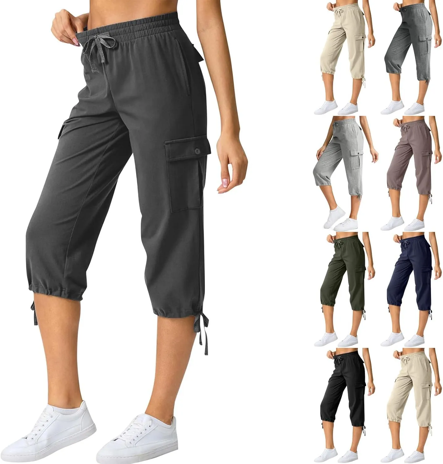 Women Cargo Capris Summer Plus Size Cotton Capris Casual Capri Pants with Pockets Drawstring Capri Sweatpants