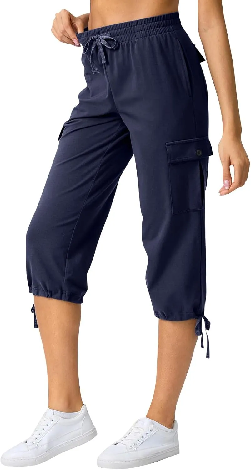 Women Cargo Capris Summer Plus Size Cotton Capris Casual Capri Pants with Pockets Drawstring Capri Sweatpants