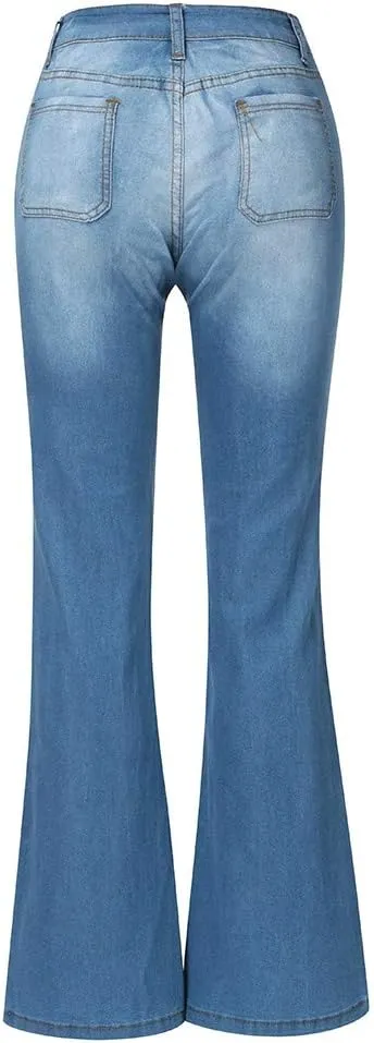 Women Flared Fit Jeans - Bell Bottom Jeans for Women Low Rise Flared Floral Embroidered Jean Washed Flare Leg Denim Pants