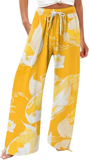 Women High Waisted Cotton Linen Palazzo Pants Dog Fish Graphic Wide Leg Long Japanese Pants Trousers with Pockets