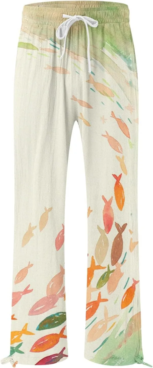 Women High Waisted Cotton Linen Palazzo Pants Dog Fish Graphic Wide Leg Long Japanese Pants Trousers with Pockets