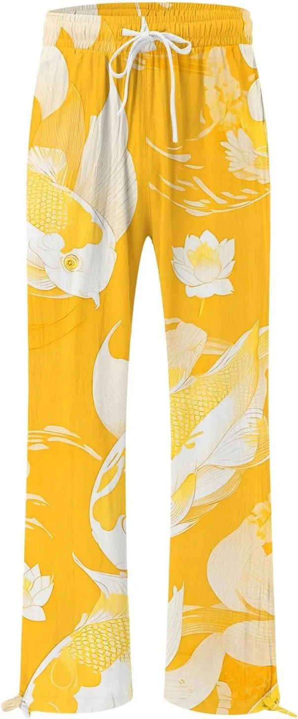 Women High Waisted Cotton Linen Palazzo Pants Dog Fish Graphic Wide Leg Long Japanese Pants Trousers with Pockets