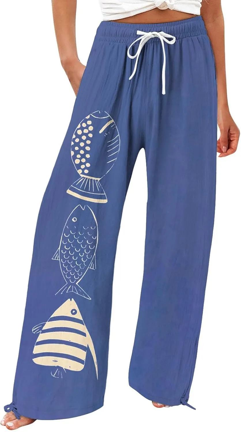 Women High Waisted Cotton Linen Palazzo Pants Dog Fish Graphic Wide Leg Long Japanese Pants Trousers with Pockets