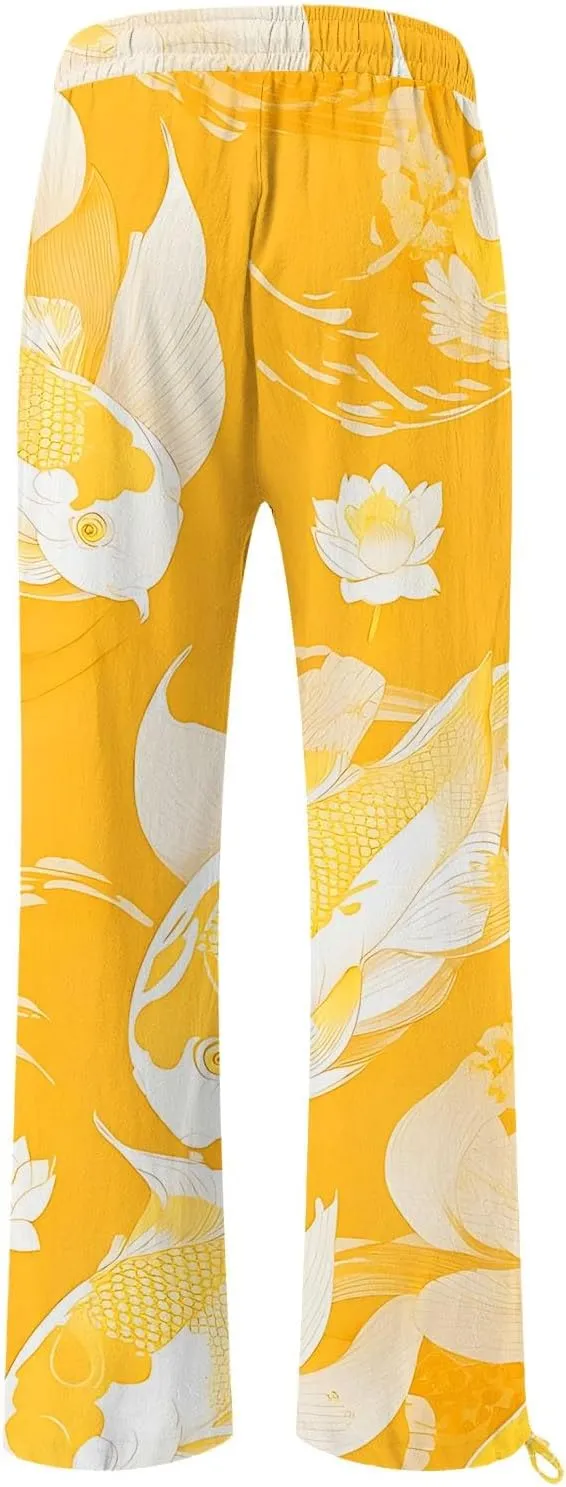 Women High Waisted Cotton Linen Palazzo Pants Dog Fish Graphic Wide Leg Long Japanese Pants Trousers with Pockets