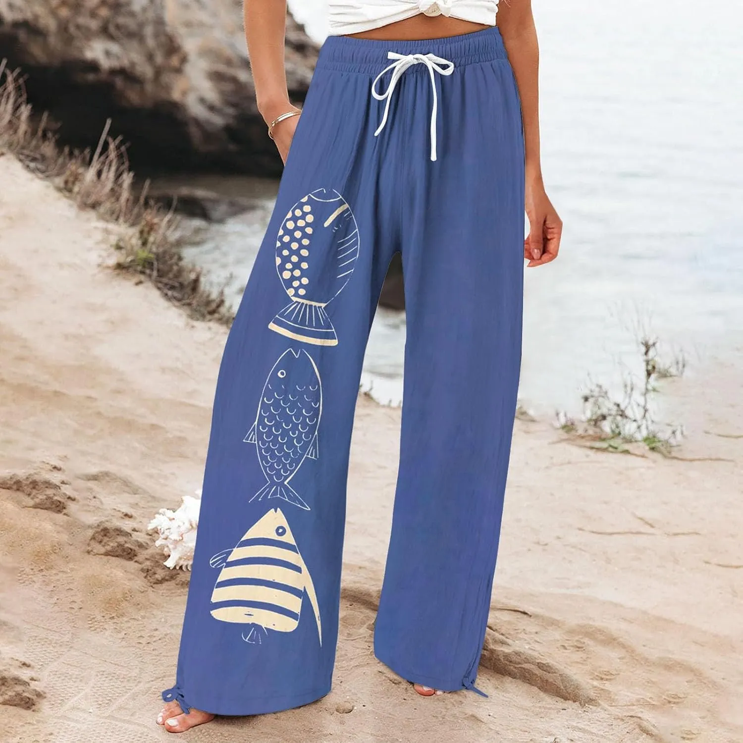 Women High Waisted Cotton Linen Palazzo Pants Dog Fish Graphic Wide Leg Long Japanese Pants Trousers with Pockets