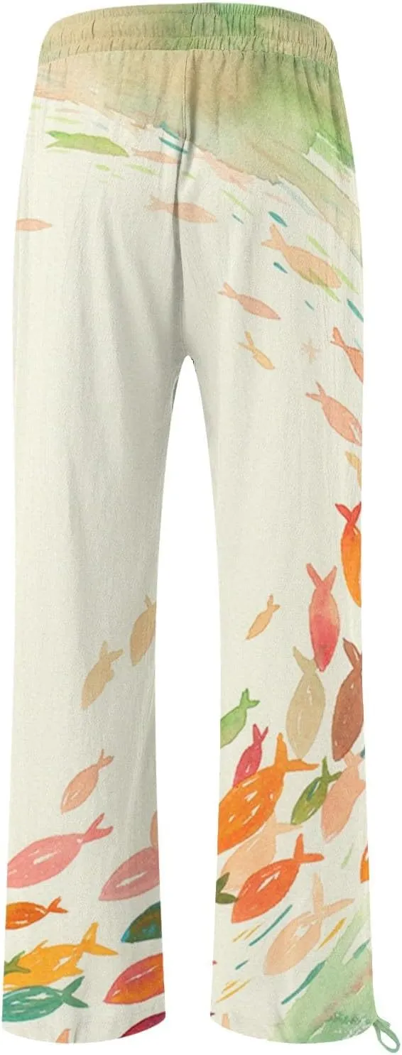 Women High Waisted Cotton Linen Palazzo Pants Dog Fish Graphic Wide Leg Long Japanese Pants Trousers with Pockets