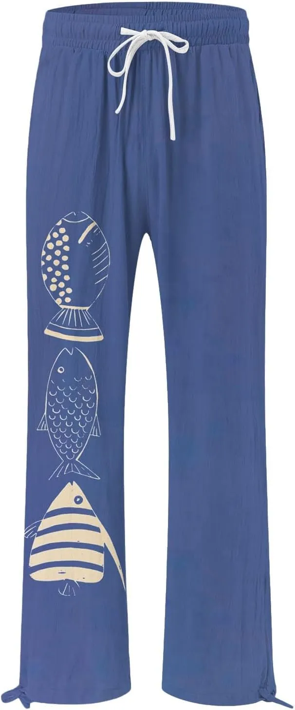 Women High Waisted Cotton Linen Palazzo Pants Dog Fish Graphic Wide Leg Long Japanese Pants Trousers with Pockets