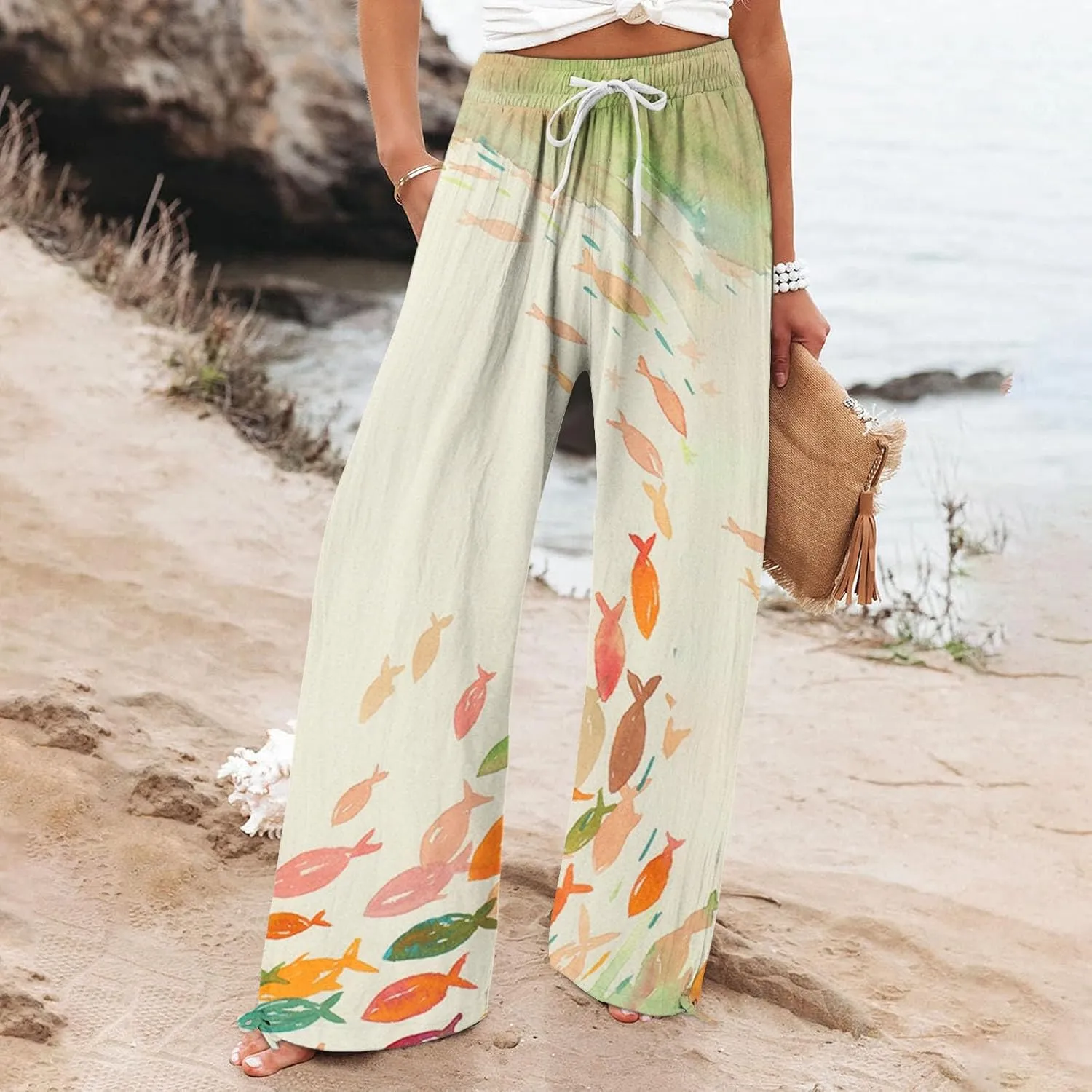 Women High Waisted Cotton Linen Palazzo Pants Dog Fish Graphic Wide Leg Long Japanese Pants Trousers with Pockets