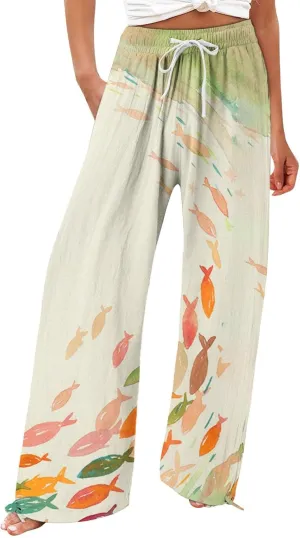 Women High Waisted Cotton Linen Palazzo Pants Dog Fish Graphic Wide Leg Long Japanese Pants Trousers with Pockets