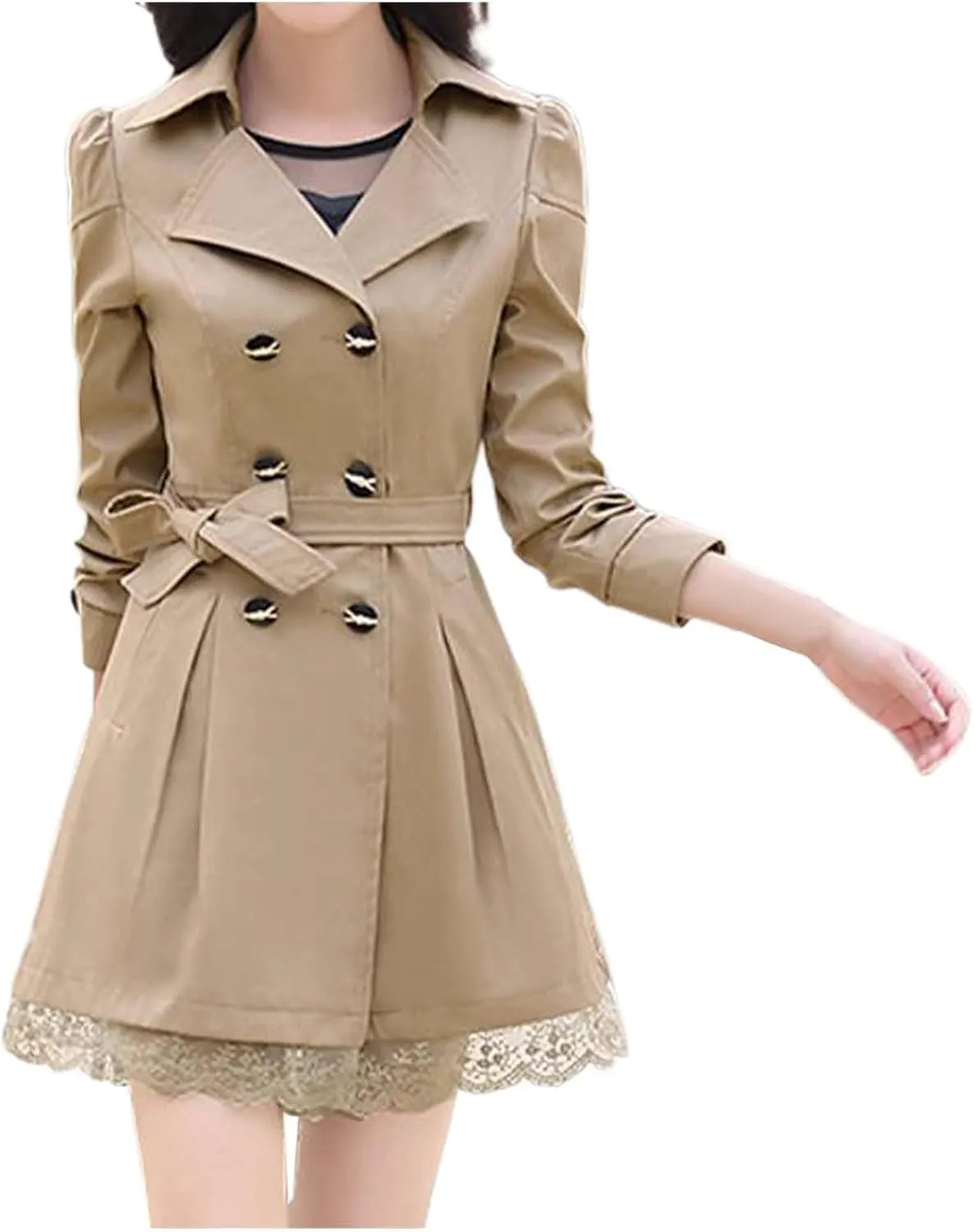 Womens 2024 Fashion Solid Lace Outwear Long Sleeve Double Breasted Overcoat Comfy Slim Trench Coat with Bowknot Belt