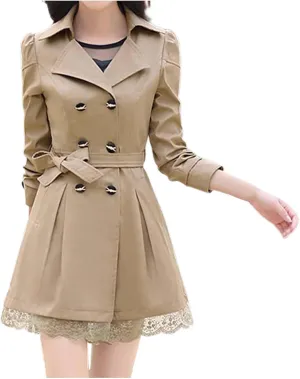 Womens 2024 Fashion Solid Lace Outwear Long Sleeve Double Breasted Overcoat Comfy Slim Trench Coat with Bowknot Belt