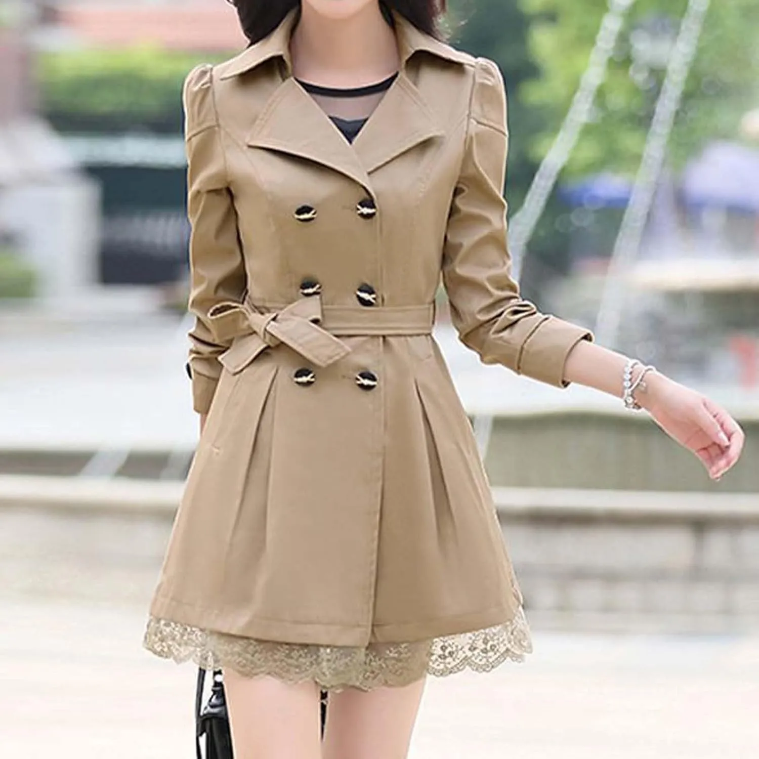 Womens 2024 Fashion Solid Lace Outwear Long Sleeve Double Breasted Overcoat Comfy Slim Trench Coat with Bowknot Belt