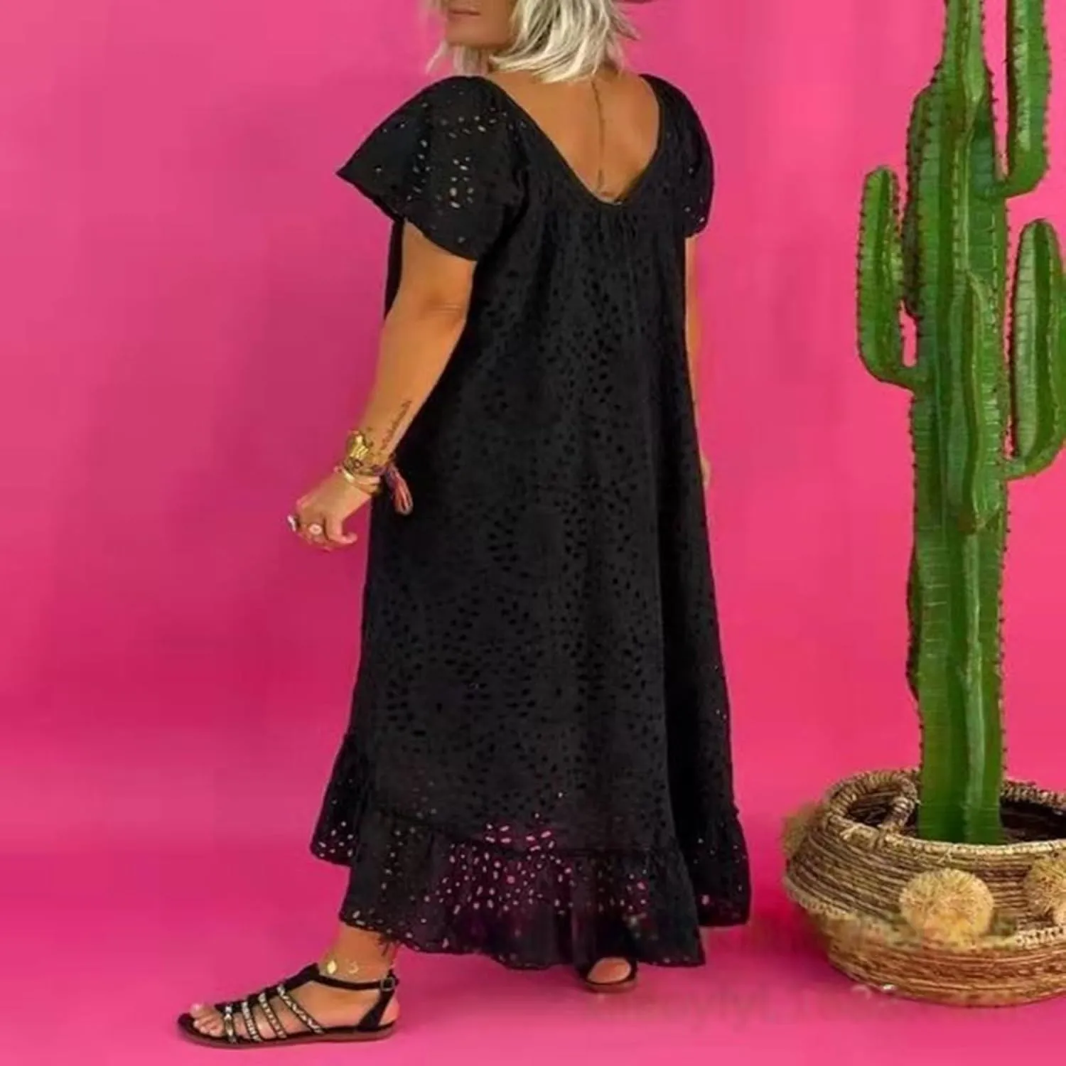 Women's 2025 Summer Short Sleeve Knee Length Dress V Neck Ruffle Hollow Out Eyelet Lace Dresses