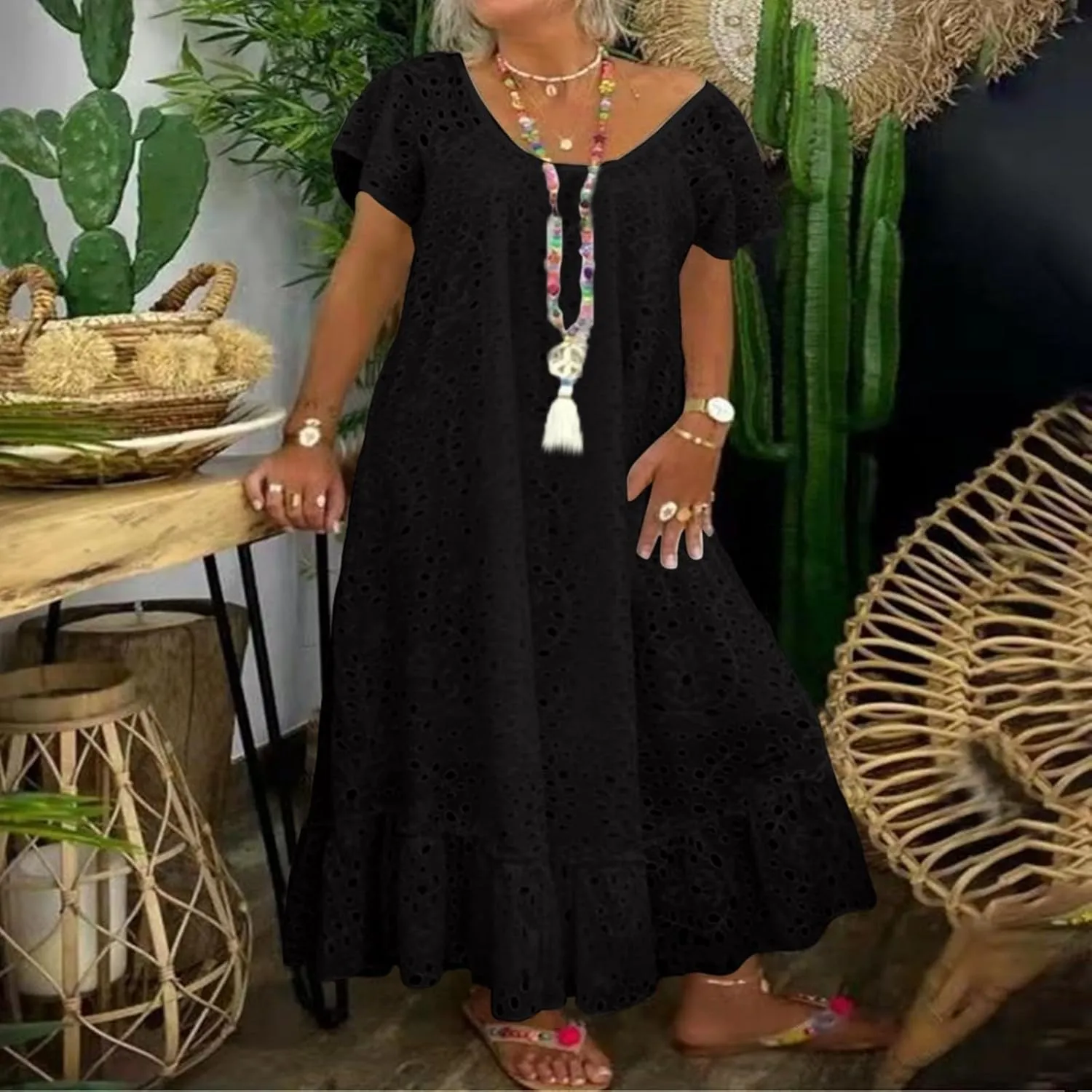 Women's 2025 Summer Short Sleeve Knee Length Dress V Neck Ruffle Hollow Out Eyelet Lace Dresses