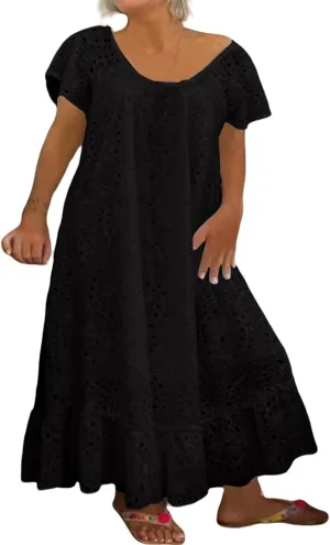 Women's 2025 Summer Short Sleeve Knee Length Dress V Neck Ruffle Hollow Out Eyelet Lace Dresses