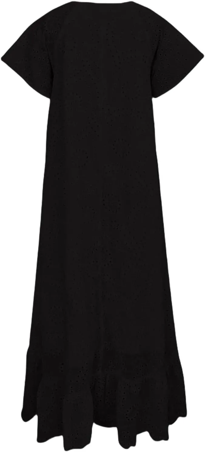 Women's 2025 Summer Short Sleeve Knee Length Dress V Neck Ruffle Hollow Out Eyelet Lace Dresses