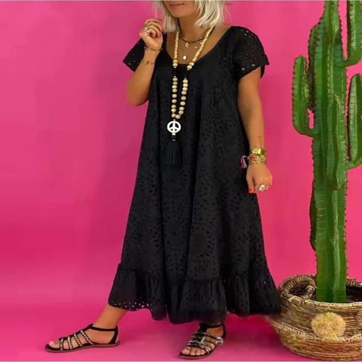 Women's 2025 Summer Short Sleeve Knee Length Dress V Neck Ruffle Hollow Out Eyelet Lace Dresses