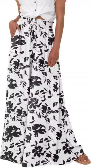Women's Baggy Pants Flowy Casual Wide Leg Pants Elastic Drawstring High Waisted Skirt Pants