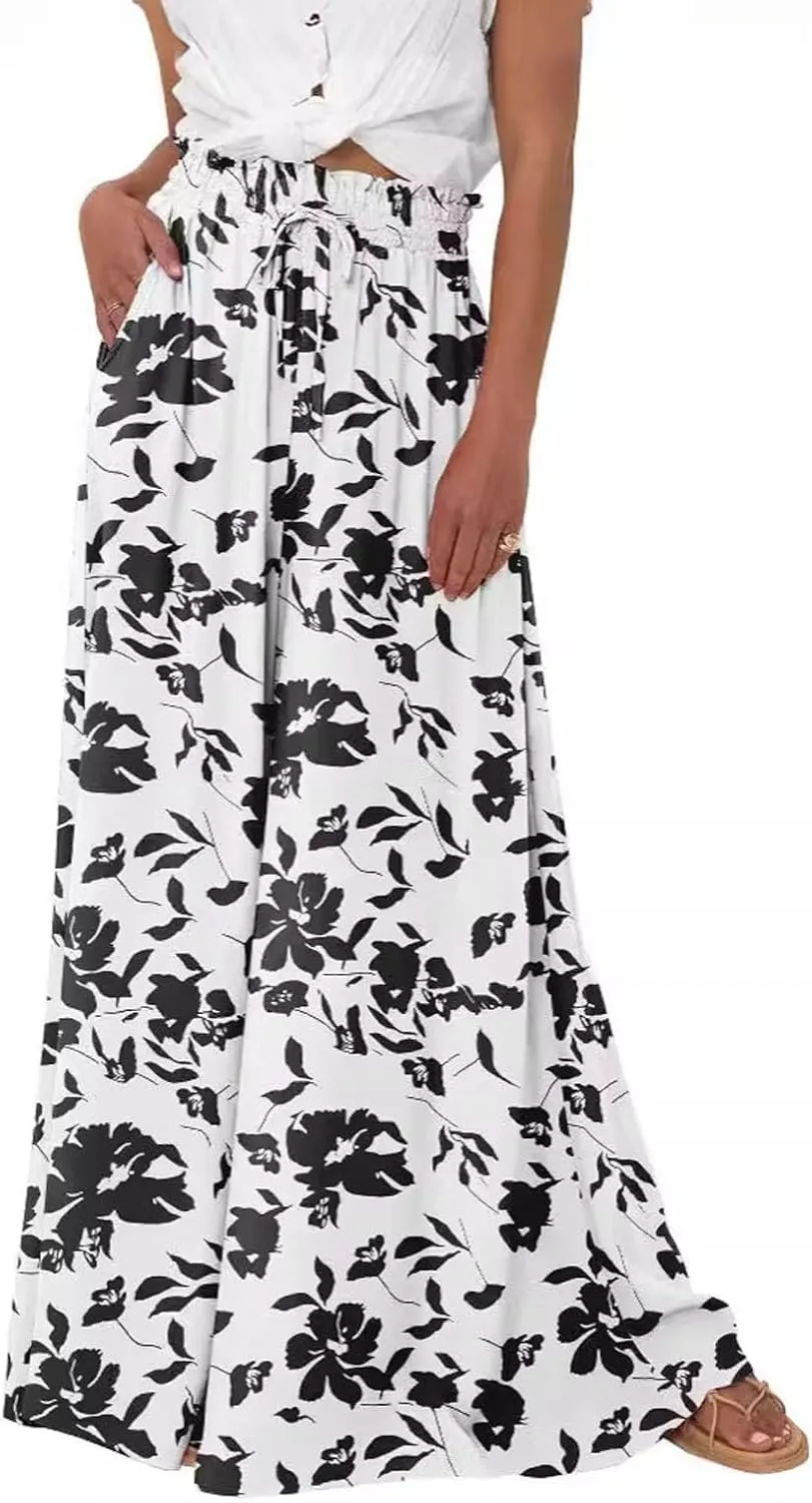 Women's Baggy Pants Flowy Casual Wide Leg Pants Elastic Drawstring High Waisted Skirt Pants