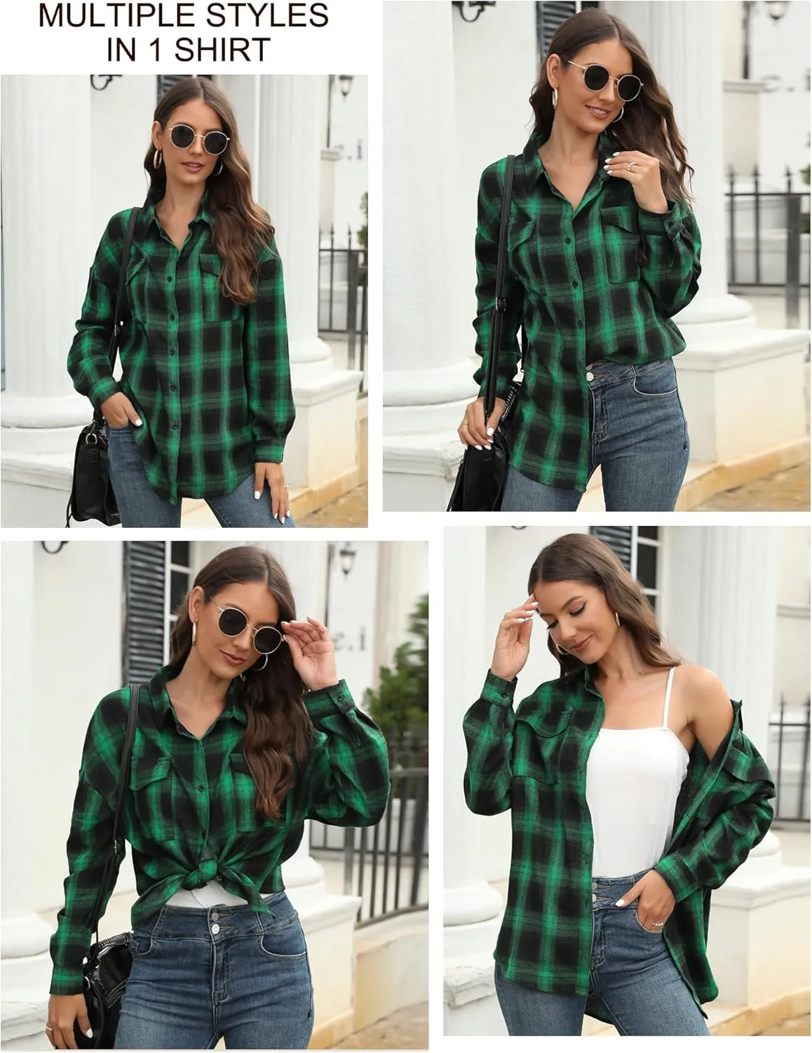 Womens Button Down Flannel Plaid Shacket Shirt Oversized Buffalo Long Sleeve Shirt Jacket