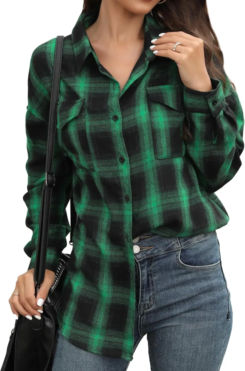 Womens Button Down Flannel Plaid Shacket Shirt Oversized Buffalo Long Sleeve Shirt Jacket