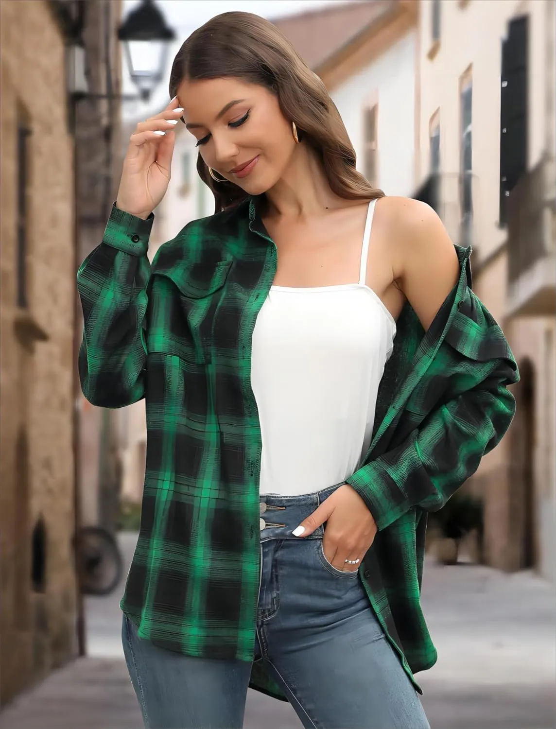 Womens Button Down Flannel Plaid Shacket Shirt Oversized Buffalo Long Sleeve Shirt Jacket