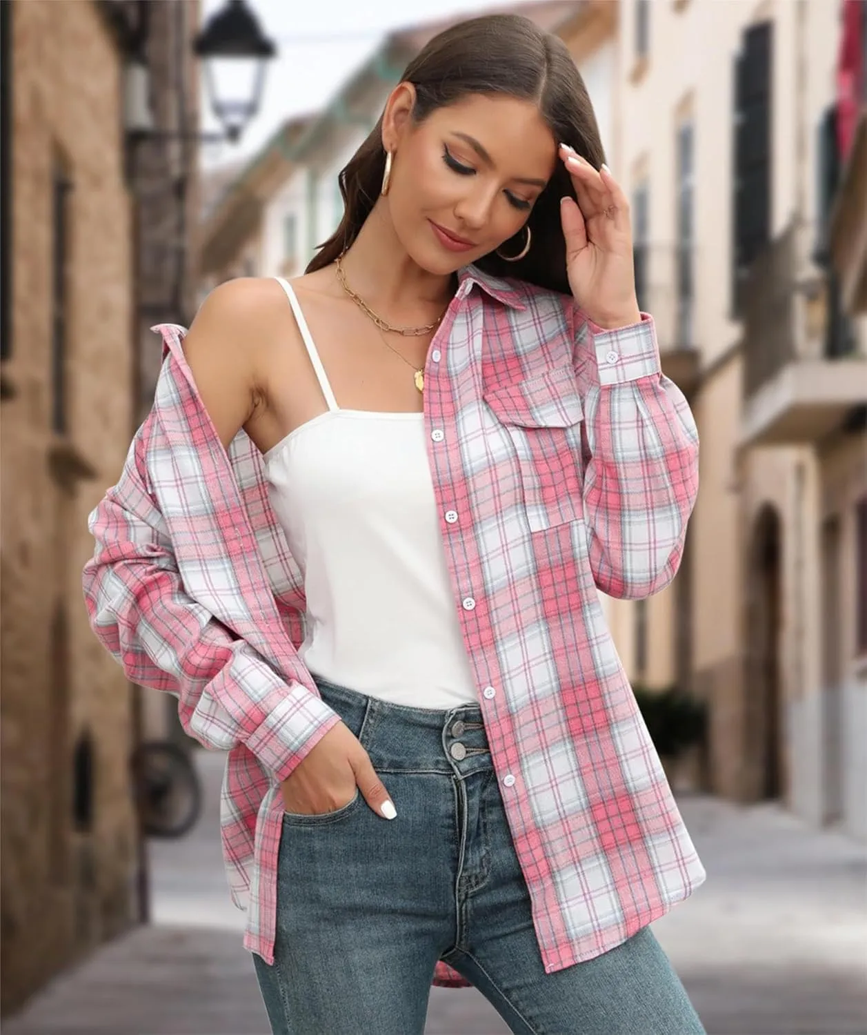 Womens Button Down Flannel Plaid Shacket Shirt Oversized Buffalo Long Sleeve Shirt Jacket