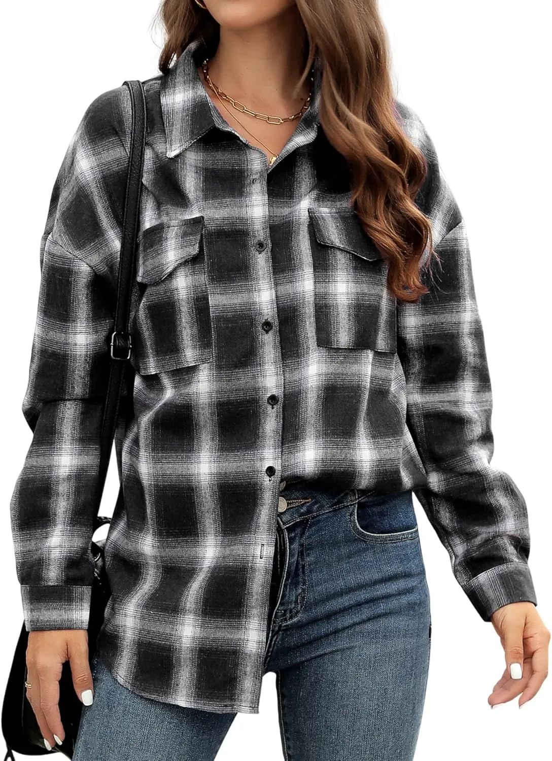 Womens Button Down Flannel Plaid Shacket Shirt Oversized Buffalo Long Sleeve Shirt Jacket