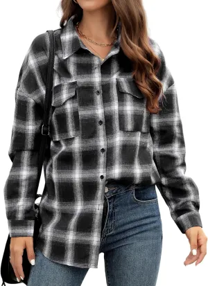 Womens Button Down Flannel Plaid Shacket Shirt Oversized Buffalo Long Sleeve Shirt Jacket