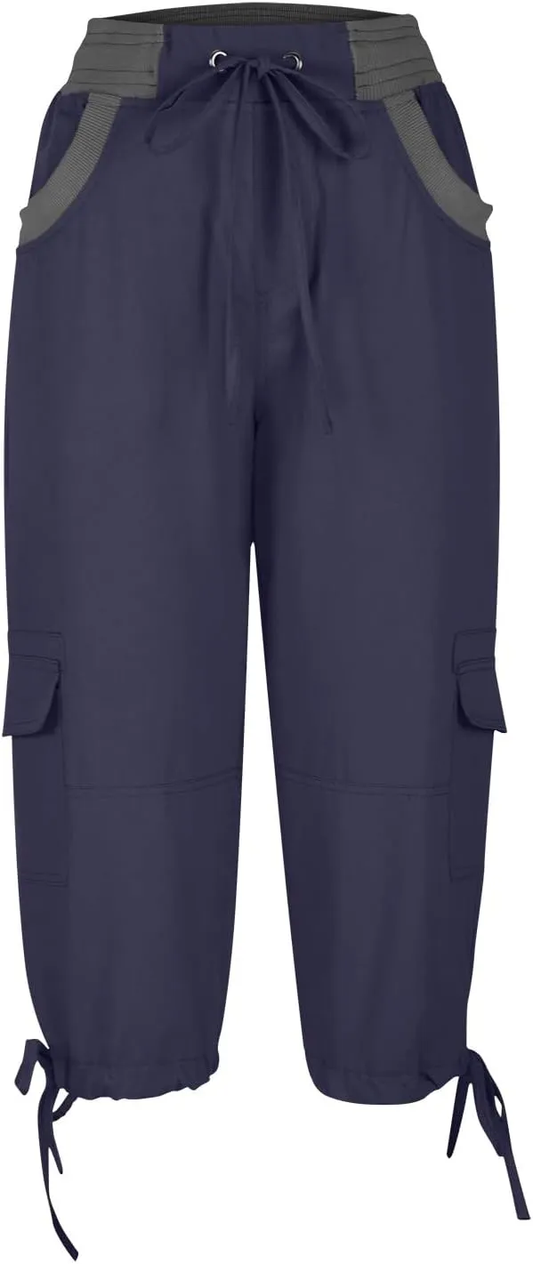 Womens Cargo Capris Summer Casual Cropped Linen Pants Low Rise Drawstring Outdoor Hiking Pants Cotton Bermuda Shorts