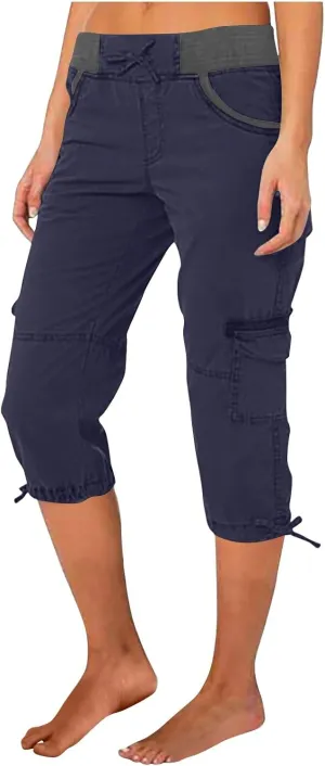 Womens Cargo Capris Summer Casual Cropped Linen Pants Low Rise Drawstring Outdoor Hiking Pants Cotton Bermuda Shorts