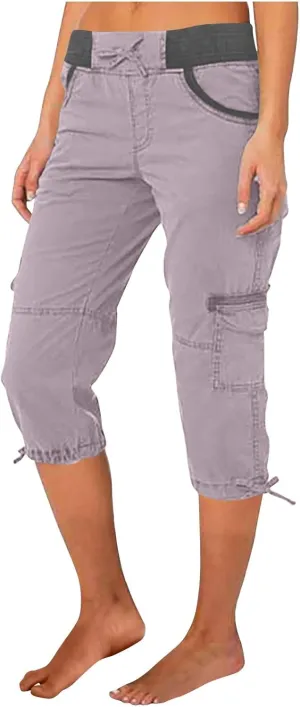 Womens Cargo Capris Summer Casual Cropped Linen Pants Low Rise Drawstring Outdoor Hiking Pants Cotton Bermuda Shorts