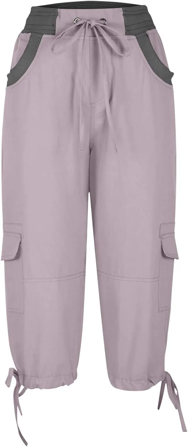 Womens Cargo Capris Summer Casual Cropped Linen Pants Low Rise Drawstring Outdoor Hiking Pants Cotton Bermuda Shorts