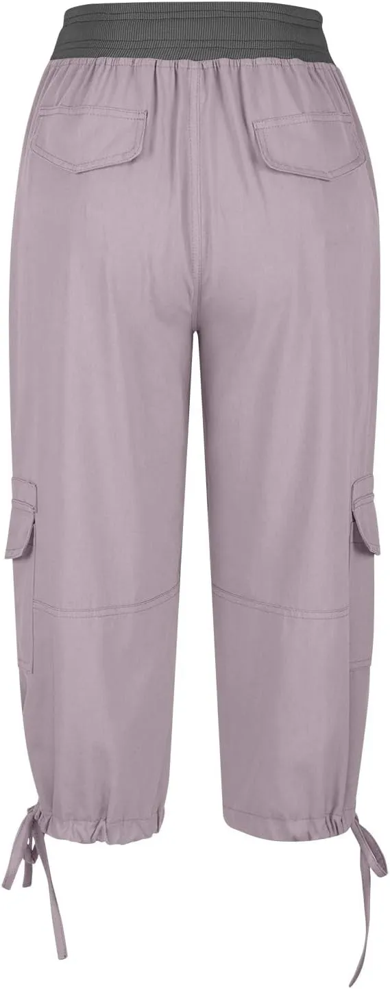 Womens Cargo Capris Summer Casual Cropped Linen Pants Low Rise Drawstring Outdoor Hiking Pants Cotton Bermuda Shorts